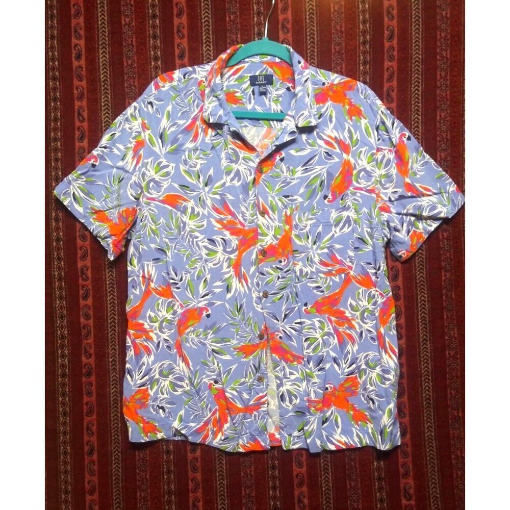 George Mens Hawaiian Shirt L(42-44) Tropical Birds blue orange Button Up pocket